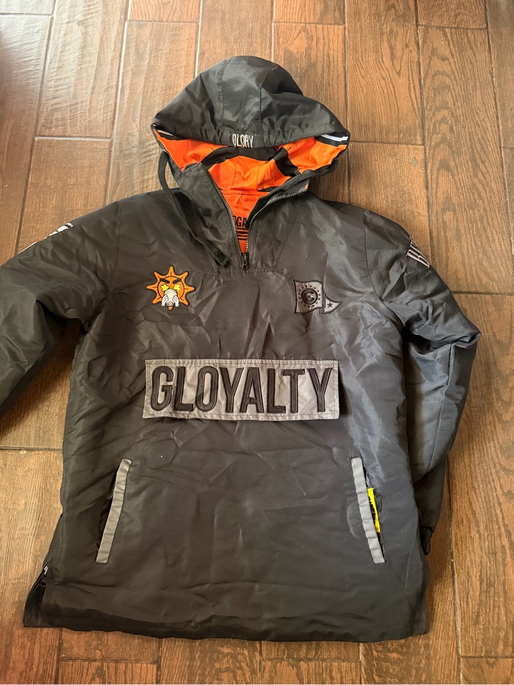 GLOyalty Black Anorak Pullover Jacket with Orange Lining